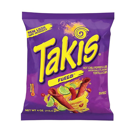Takis Fuego Rolled Tortilla Chips, Hot Chili Pepper and Lime Artificially Flavored, 4 Ounce