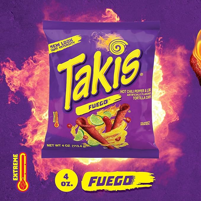 Takis Fuego Rolled Tortilla Chips, Hot Chili Pepper and Lime Artificially Flavored, 4 Ounce